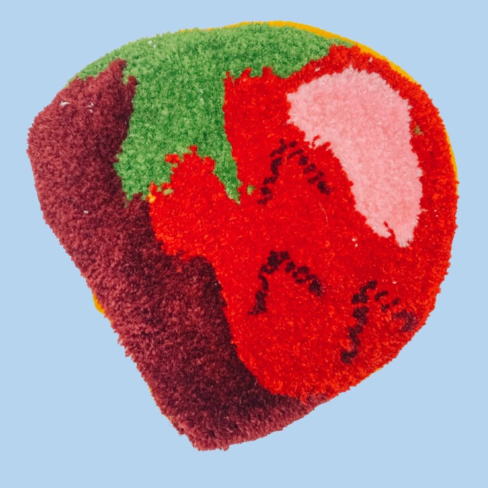 Strawberry Mini Tufted Rug w/ Up-cycled Quilted Back, Handmade by Coco